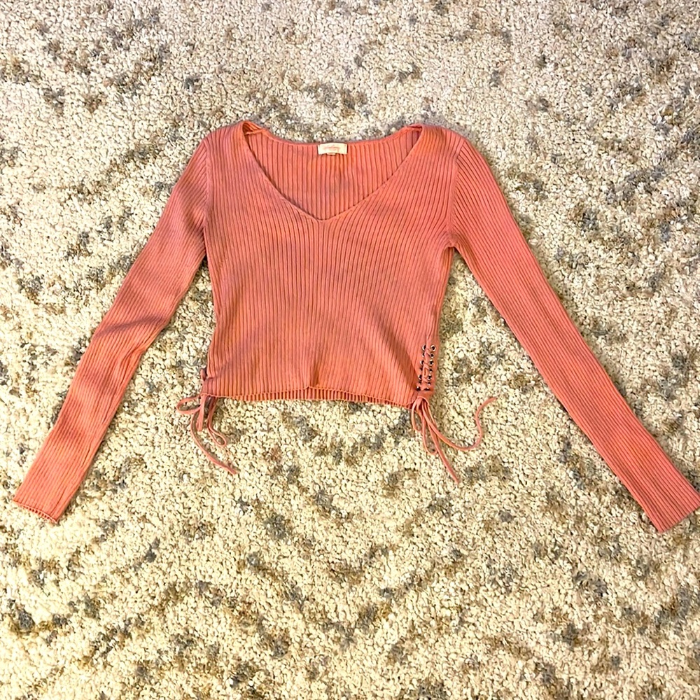 Pink V-Neck Long Sleeve Side-Tie Crop Top